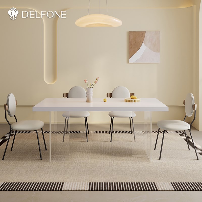 德利丰岩板餐桌家用小户型网红奶油风亚克力悬浮餐桌白色下挂款