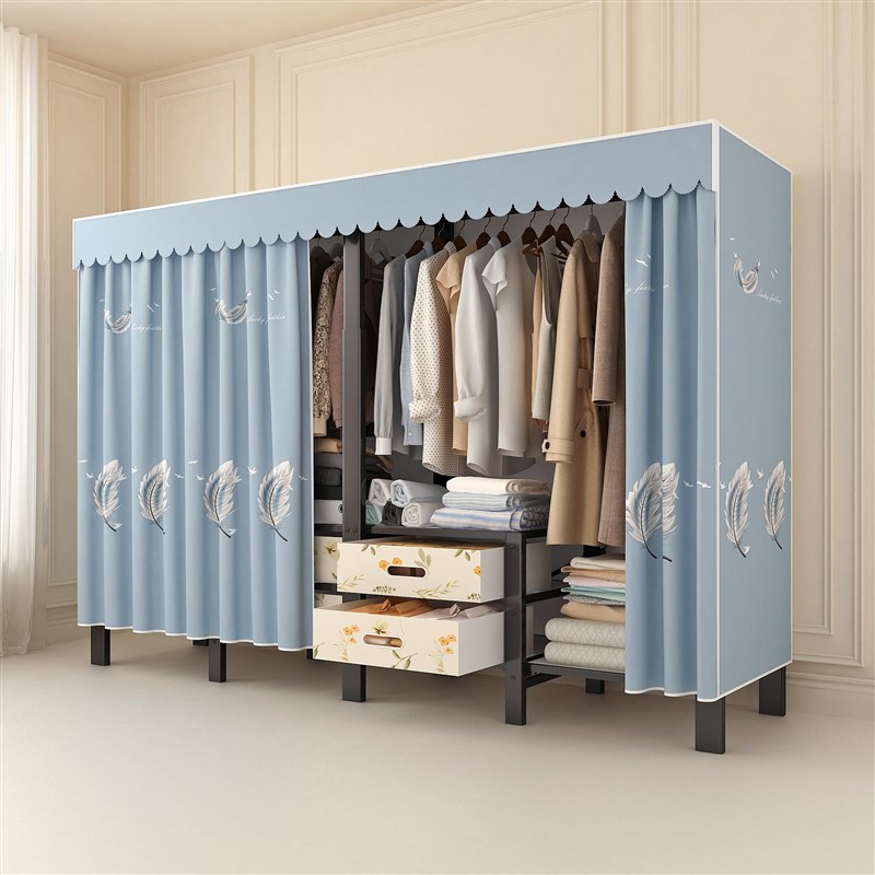 折叠衣柜免安装简易衣柜出租房卧室带抽屉布衣橱全钢架家用收纳柜