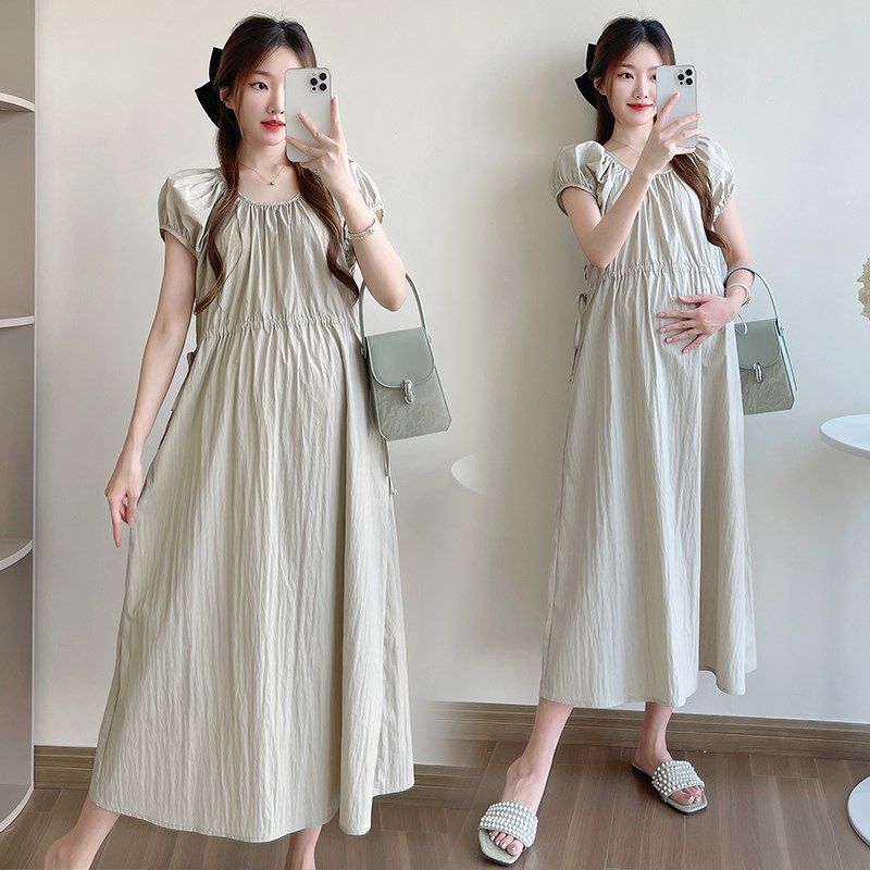 孕妇装夏装系带收腰短袖连衣裙2025新款孕妇裙夏季简约怀孕裙子夏,孕妇装/孕产妇用品/营养,连衣裙,淘宝优惠券,粉丝福利购,淘宝优惠卷