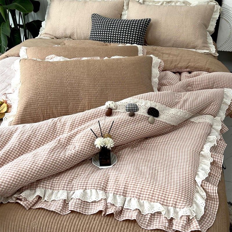 法式双层皱皱纱春秋被床盖四件套全棉纯棉双人加厚夹棉床单三件套,床上用品,化纤被,淘宝优惠券,粉丝福利购,淘宝优惠卷