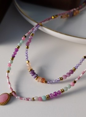 紫色天然石项链女款2024新款夏天水晶法式颈链小众设计串珠锁骨链