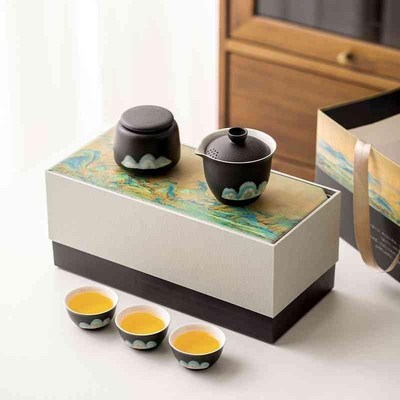 千里江山旅行陶瓷茶具带吸水茶盘一盖碗三杯公司企业开业伴手礼