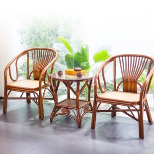 组合 天然藤编休闲椅茶椅老人椅藤椅带腰靠阳台椅套装 康居家居