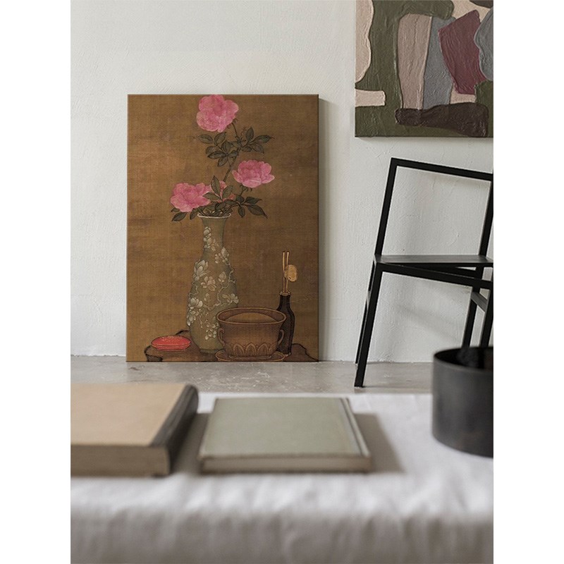 牡丹花开富贵中古风客厅装饰画玄关复古花瓶手绘油画粉色花卉挂画图片