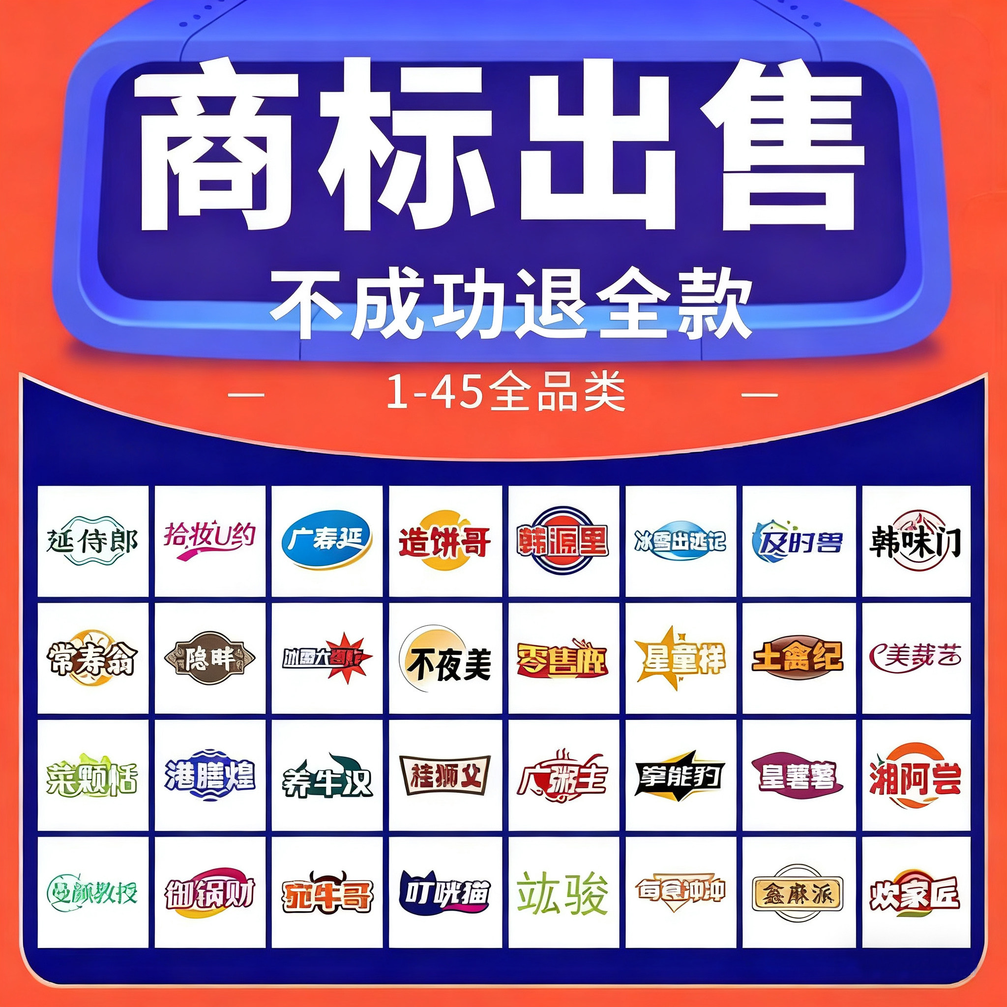 一口价商标转让出售过户购买即买即用全包服务1-45类全品类特价