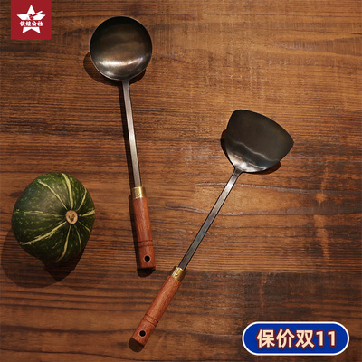 铁娃公耐锅铲家用手工手铲炒菜铲子勺子社高温木柄把铁锅勺套装