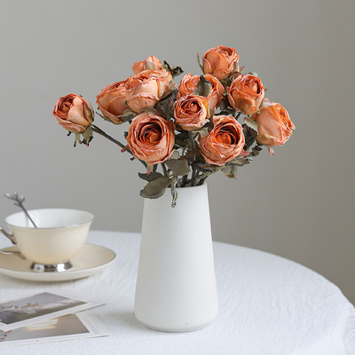 法式焦边玫瑰仿真花高档客厅花束假花摆件餐桌花干花装饰道具摆设