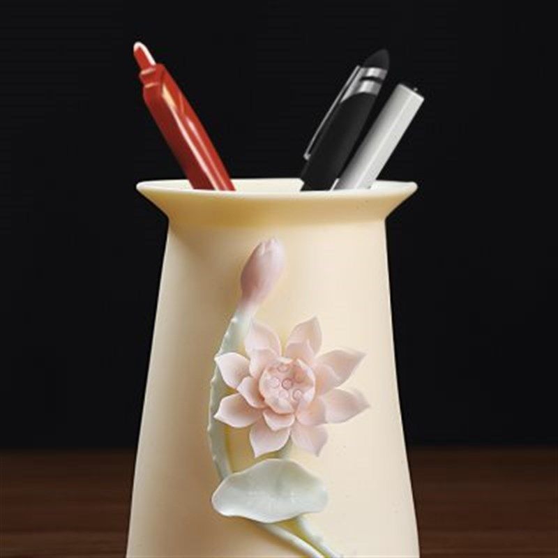 教师节礼物送老师陶瓷手捏莲花笔筒摆件办公室书房书架装饰工艺品,家居饰品,桌面摆件,淘宝优惠券,粉丝福利购,淘宝优惠卷