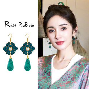 绿松石烧蓝珍珠耳饰高级感气质国风新中式耳环流苏花朵民族风耳坠