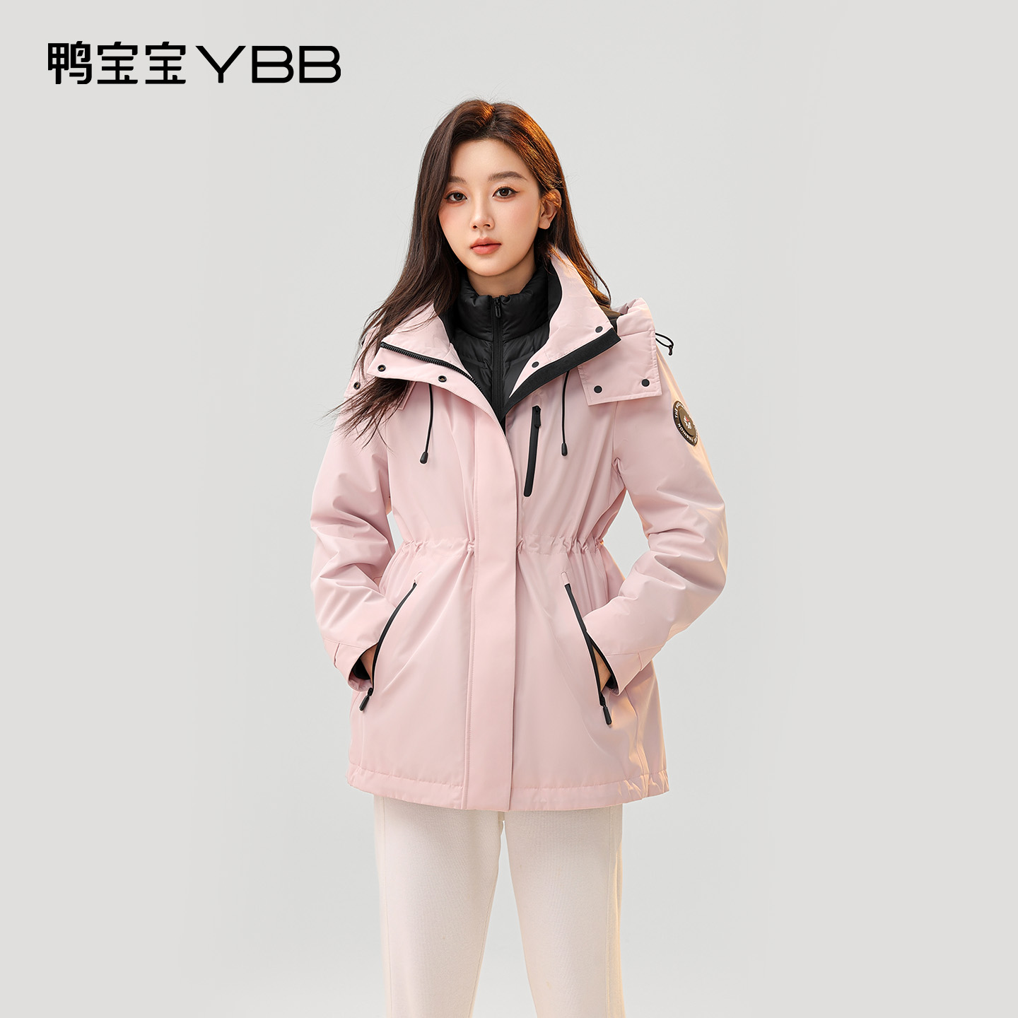 鸭宝宝YBB工装风连帽羽绒服女中长款收腰外套冬季新款