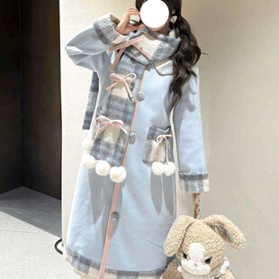 飞行日记可爱甜妹毛呢大衣秋冬蝴蝶结格纹围巾小个子长款呢子外套