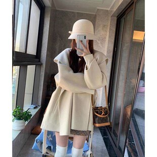 短款斗篷双面羊绒羊毛大衣女2025冬季新款韩系小个子连帽毛呢外套