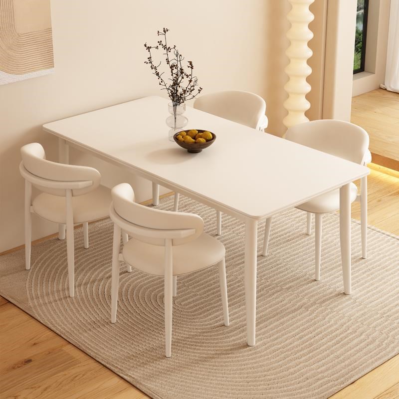 法式奶油风纯白岩板餐桌椅家用小户型现简约长方形客厅吃饭桌子