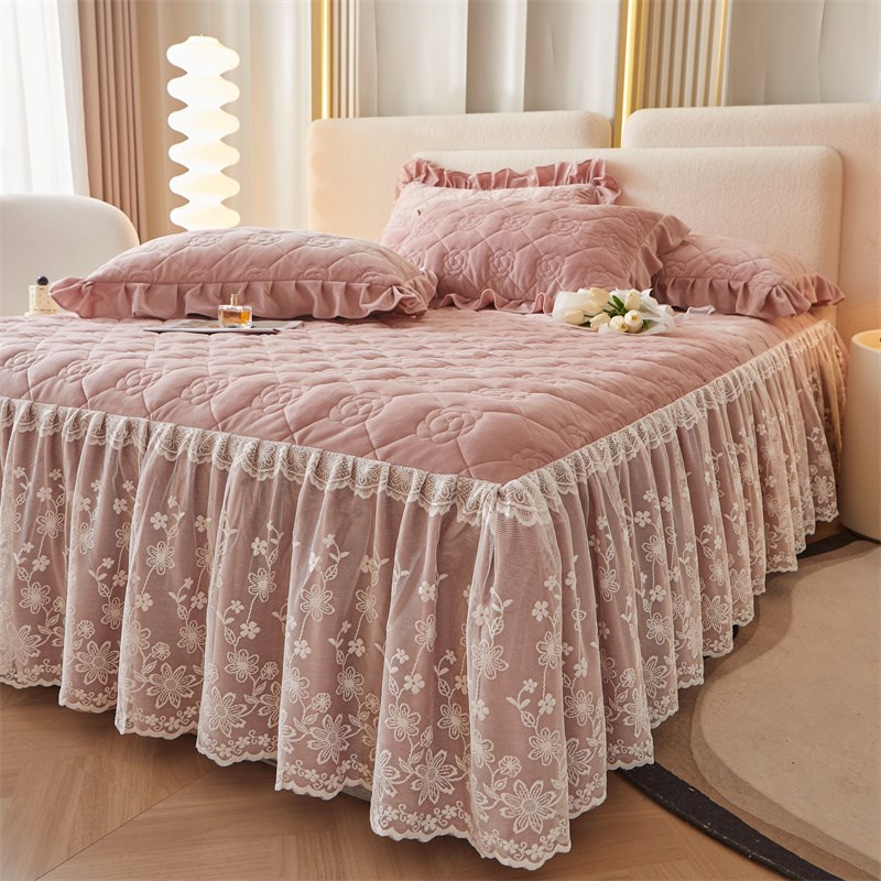 新款A类婴儿绒夹棉加绒床裙加厚绒床罩冬季保暖