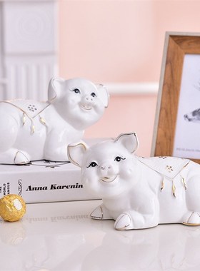 陶瓷猪摆件一对白色招财生肖福贵猪家居饰品客厅玄关摆设