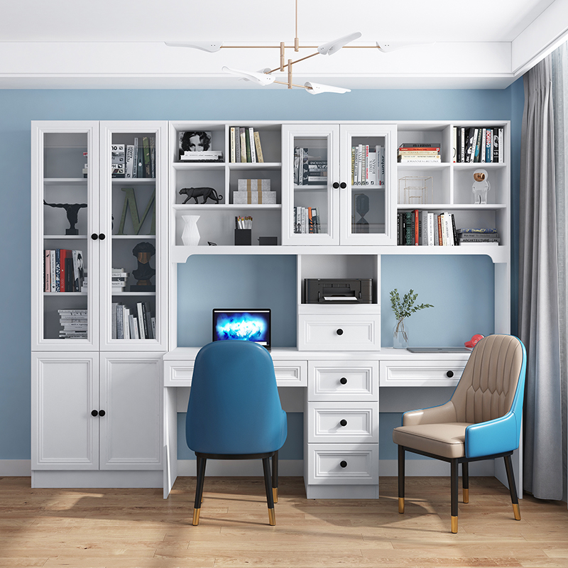 家用双人书桌书架一体双人学习桌写字台书柜书桌一体整墙电脑桌