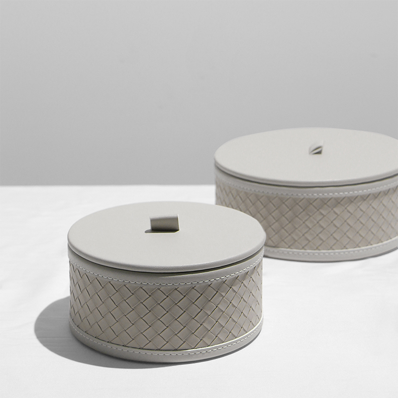 轻奢高档皮革编织首饰收纳罐圆形样板房衣帽间卧室装饰盒饰品盒