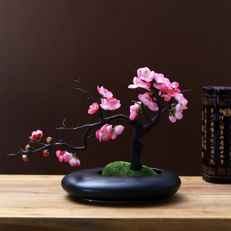 饰意花艺盆装摆件新中式家居装创插花腊梅假花套景摆设