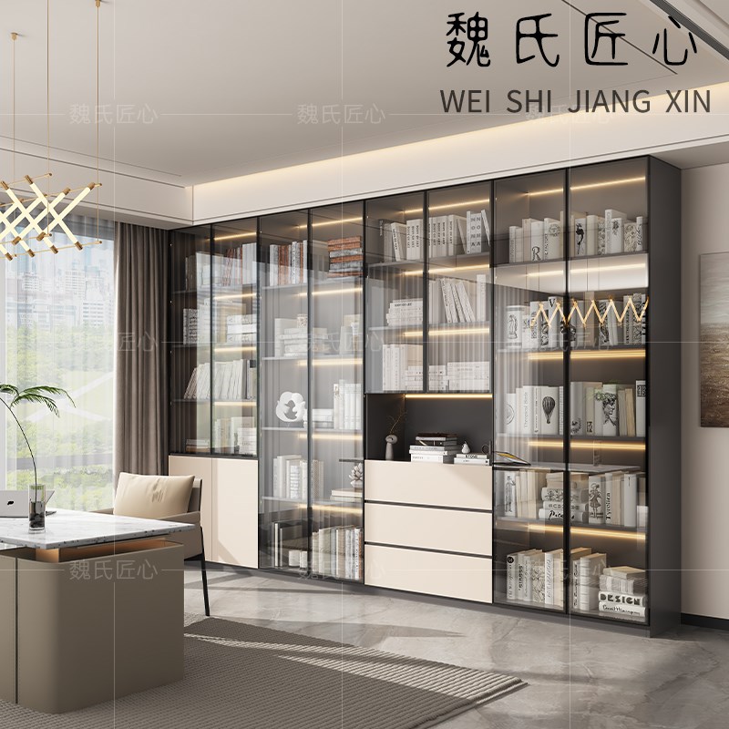 书柜家用带玻璃门客厅一体整墙现代轻奢定制储物柜实木书架展示柜