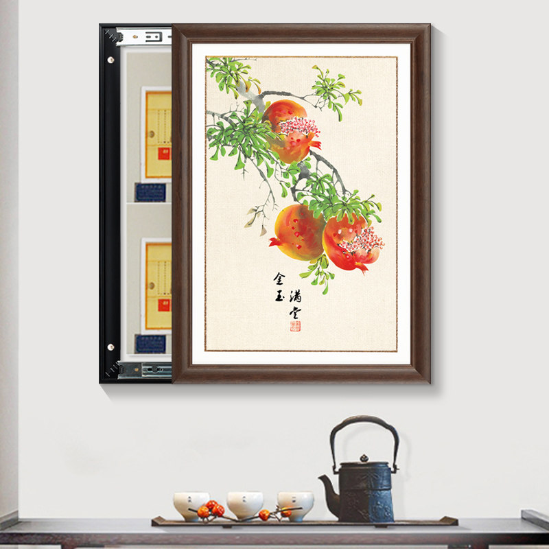 新中式实木框竖款配电箱画推拉电表箱装饰画电闸画挂画