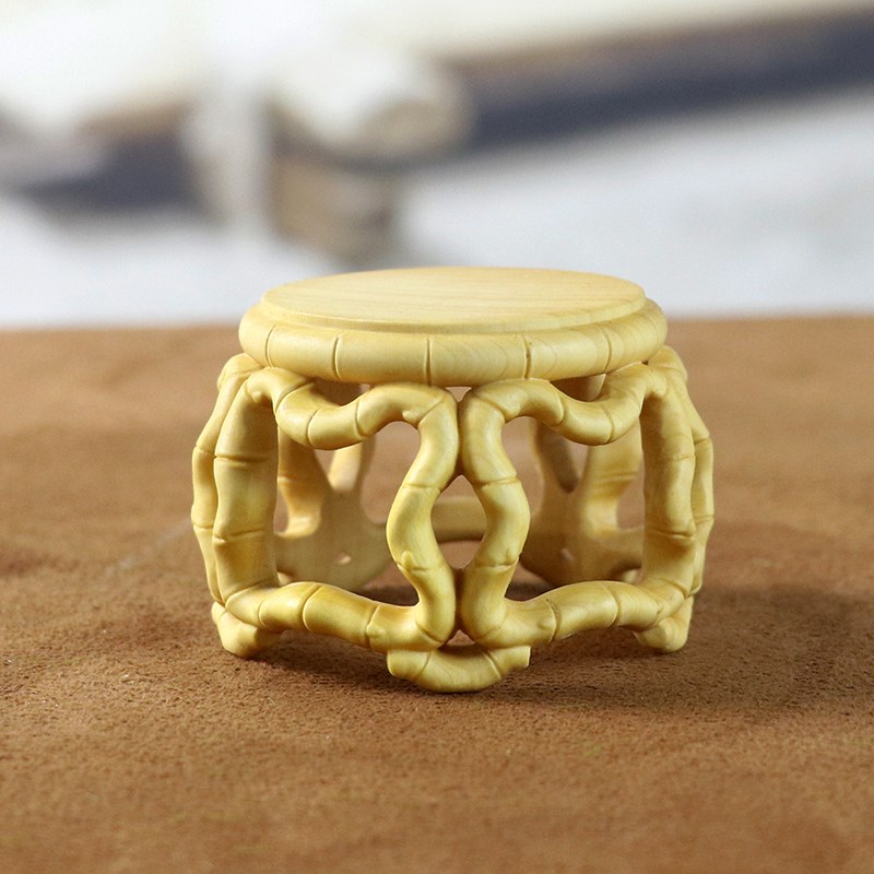 黄杨木雕圆鼓凳底座花盆鱼缸花瓶摆件奇石实木镂空竹节圆底座