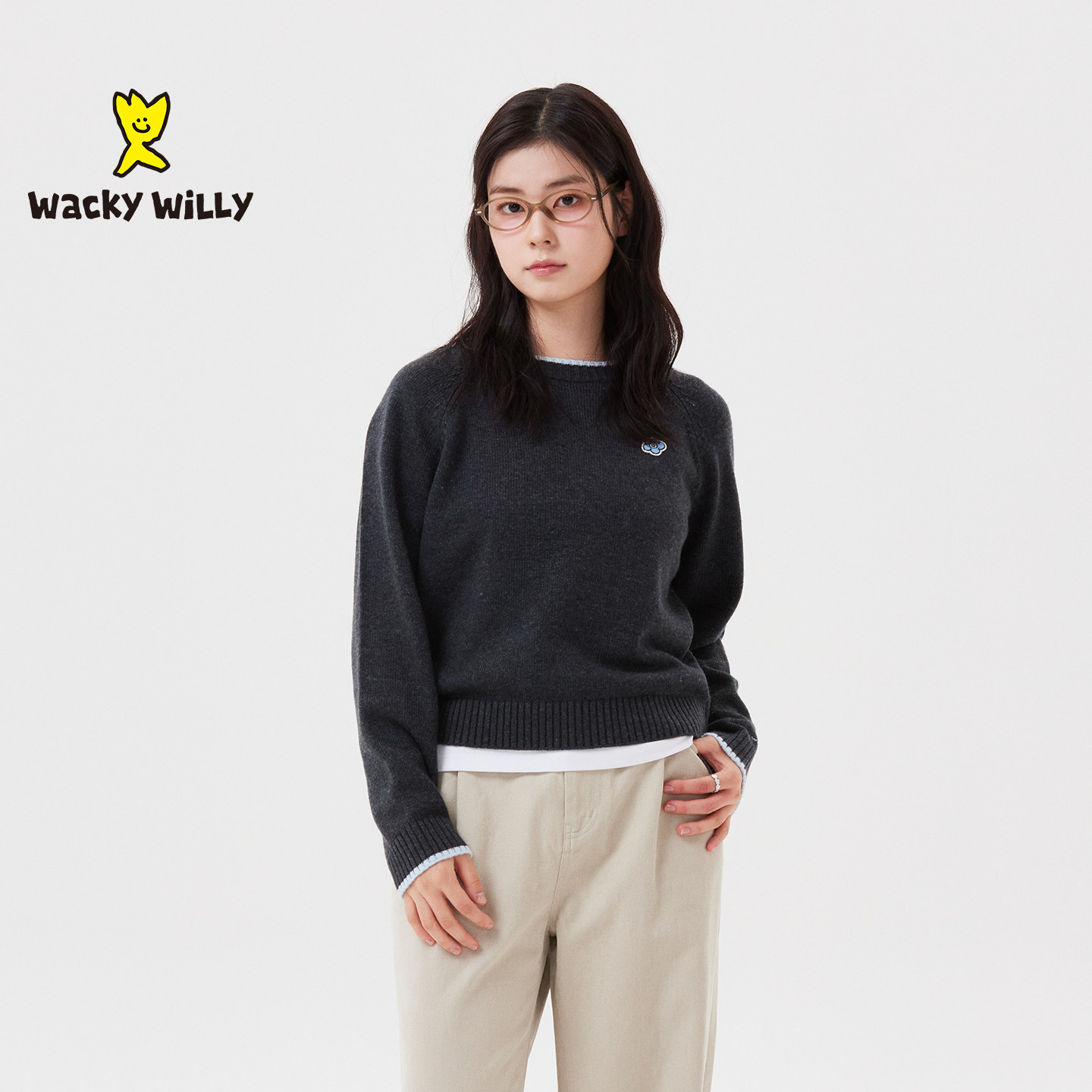 wackywilly套头针织衫女士韩国2025新款女士Lily徽章撞色宽松上衣