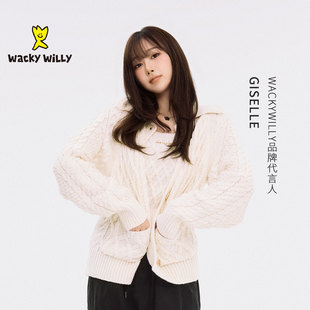 针织编织领宽松翻领毛衣 韩国吉赛尔同款 wackywilly开衫 女2025新款