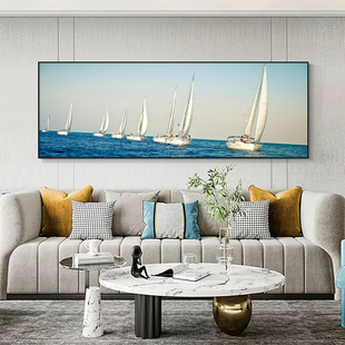 一帆风顺帆船装饰画大海浪花蓝色横版卧室床头挂画客厅沙发背景画