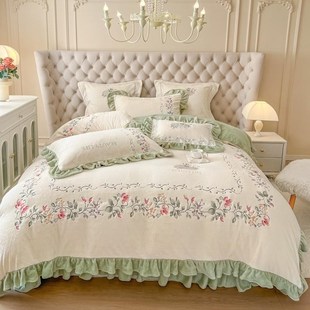 高端复古绿色四件保暖珊瑚绒被秋冬季床盖仙气法式床品