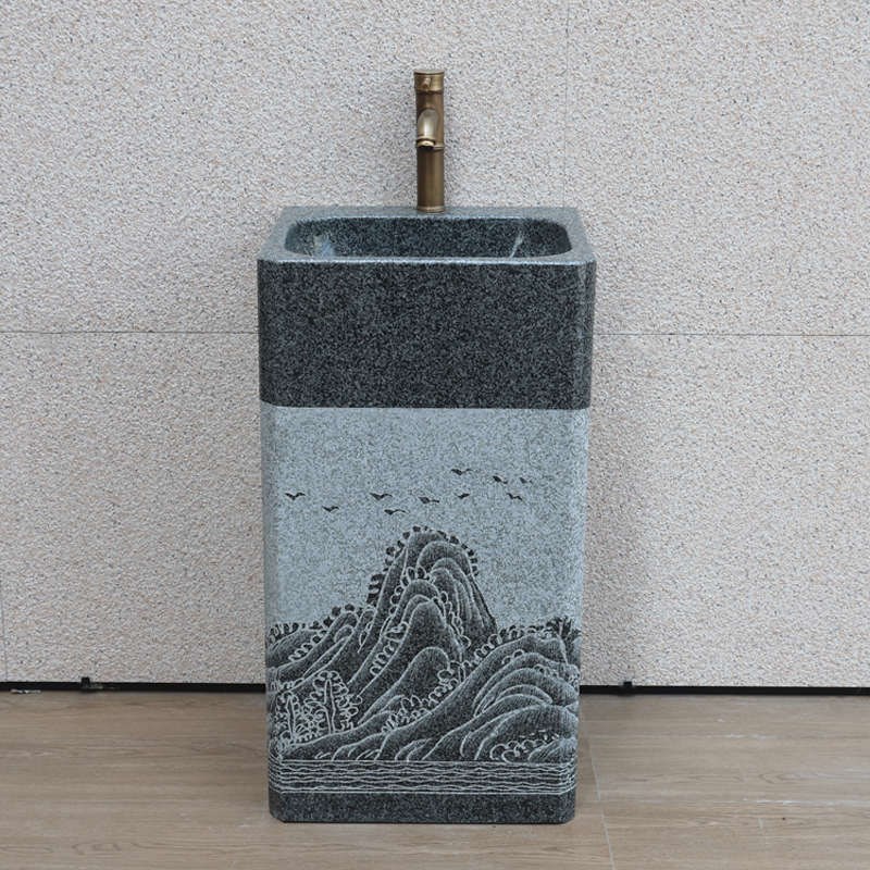 天然大理石材洗手盆一体户外立柱盆中式庭院水池台盆复古落地脸盆