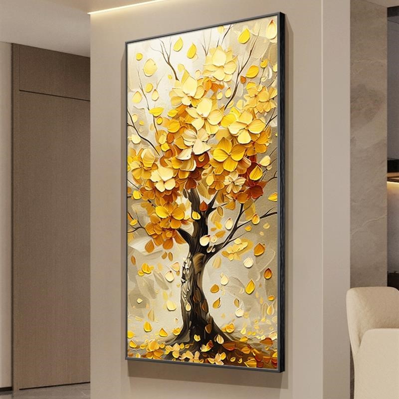 玄关发财树入户装饰画竖版现代轻奢走廊过道挂画高档大气客厅壁画图片
