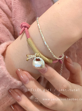 复古银色小胖福吊坠手链女秋冬轻奢小众精致情侣闺蜜编织红色手绳