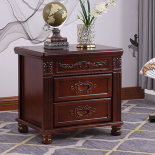 中式实木床头柜艺术雕花胡桃色家用带锁卧室床边储物收纳柜免安装
