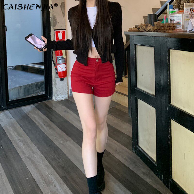美式辣妹红色牛仔短裤女2025年新款弹力显瘦紧身跳舞热裤超短裤子