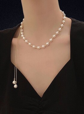 珍珠项链小众设计感抽拉式2023新款女锁骨链法式复古赫本风锁骨链