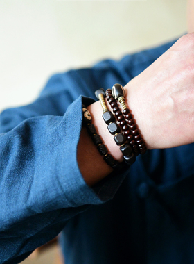 天然黑檀金曜石混搭木质佛珠手串p169复古黄铜配饰男士不规则手链