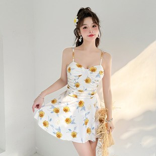 连体泳衣女时尚仙女范碎花带钢圈裙式性感遮肚显瘦小清新保守泳装