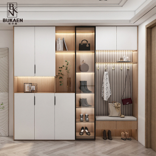 柜家用门口奶油风实木坐凳带衣帽架定制 进门玄关柜一体靠墙入户鞋