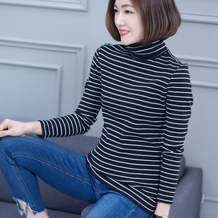 新款纯棉黑白细条纹高领打底衫女秋冬内搭大码修身长袖T恤打底衣
