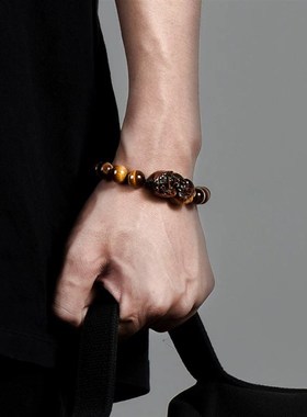 天然黄虎眼石貔貅手链男佛珠简约编织手绳水晶手串女饰品男友礼物
