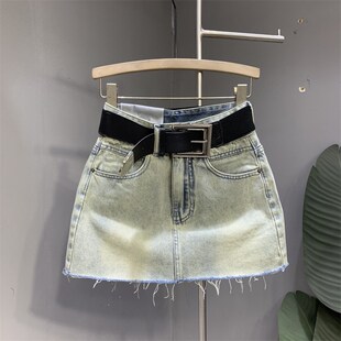 欧货2024年夏新款个性剪边复古怀旧色高腰A字牛仔短裙时尚包臀裙