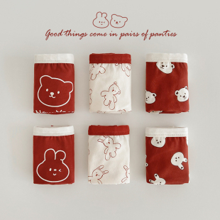 儿童内裤红色新年款纯棉女童兔年平角短裤男童宝宝全棉三角四角裤