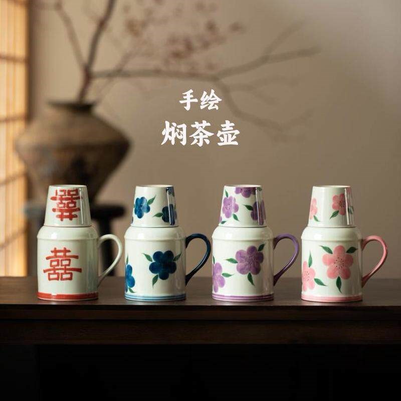 草木黄手绘一壶一杯焖茶壶 釉下彩桃花凉水壶夏天凉茶杯旅行茶具图片