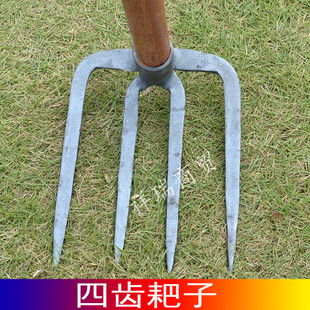 手工锻打木柄二齿三齿四齿耙子耙头松土种菜赶海扒子铁耙锄头家用