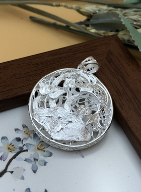 手工花鼓990纯银项链莲花鱼吊坠女款长款毛衣链秋冬挂链生日礼物