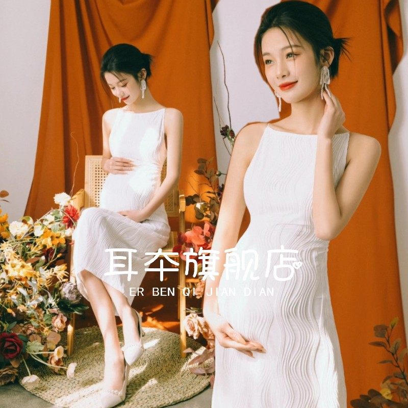 孕妇拍照服装新款复古气质时尚白色连衣裙孕妈咪大肚照写真摄影服