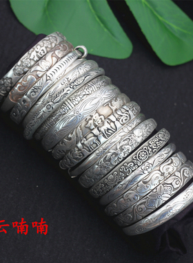 云喃喃多款民族风雕花苗银手镯时尚百搭仿老银仿古复古闭口镯子女