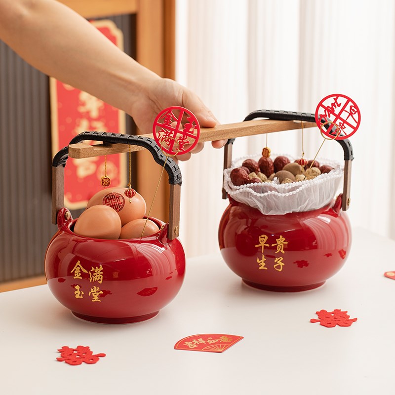 子孙桶一对结婚陪嫁套装用品大全喜事摆件娘家嫁妆女方红色痰盂桶