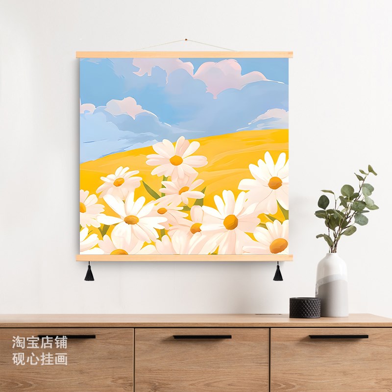 北欧奶油风郁金香高级感装饰画客厅卧室餐厅肌理感原木风布艺挂画图片