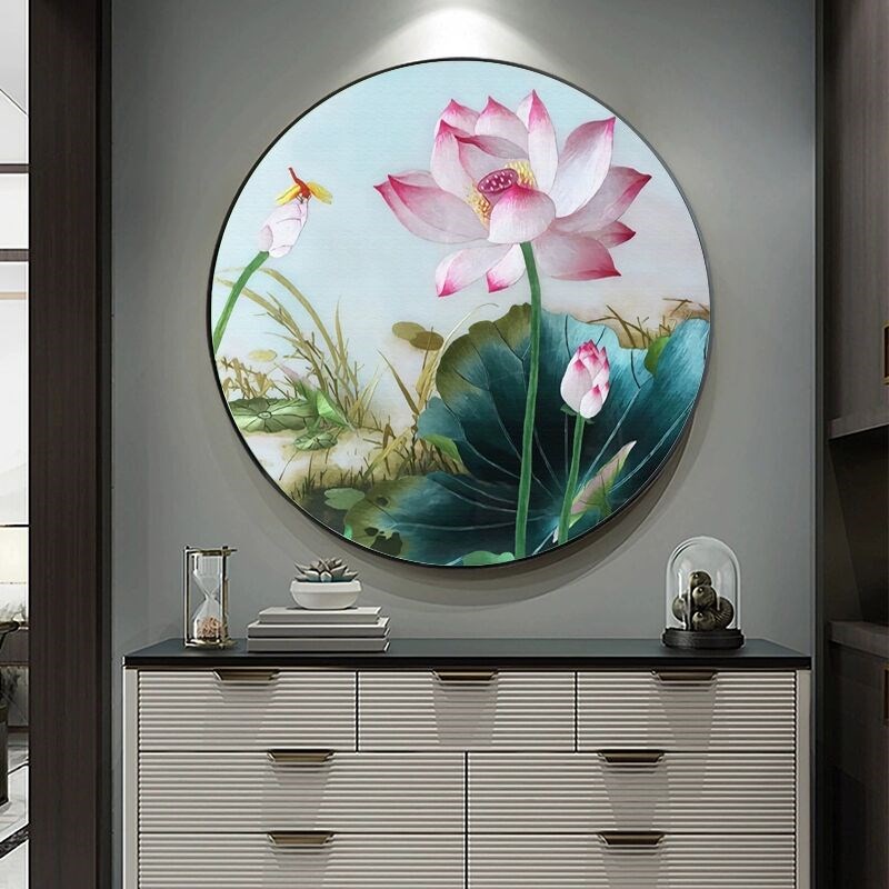 新中式古风荷花装饰画轻奢荷韵壁画餐厅背景墙玄关柜圆形莲花挂画图片